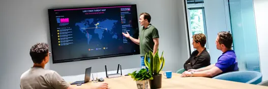 Overleg tussen IT-experts bij scherm met grafieken – representatie van strategisch advies en technische expertise.